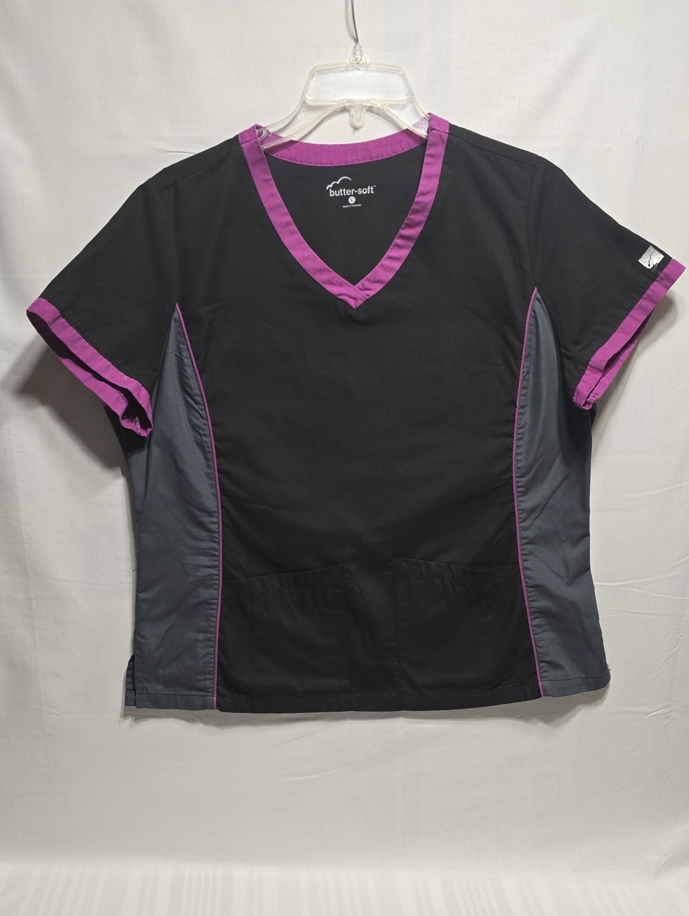 Butter Soft Scrub Top, Black with Purple Trim And Gray Side Panels
